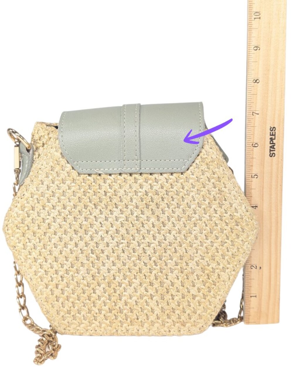 Haute Sauce Hexagon Small Woven Raffia Sage Green Faux Leather Flap Crossbody - Picture 3 of 10